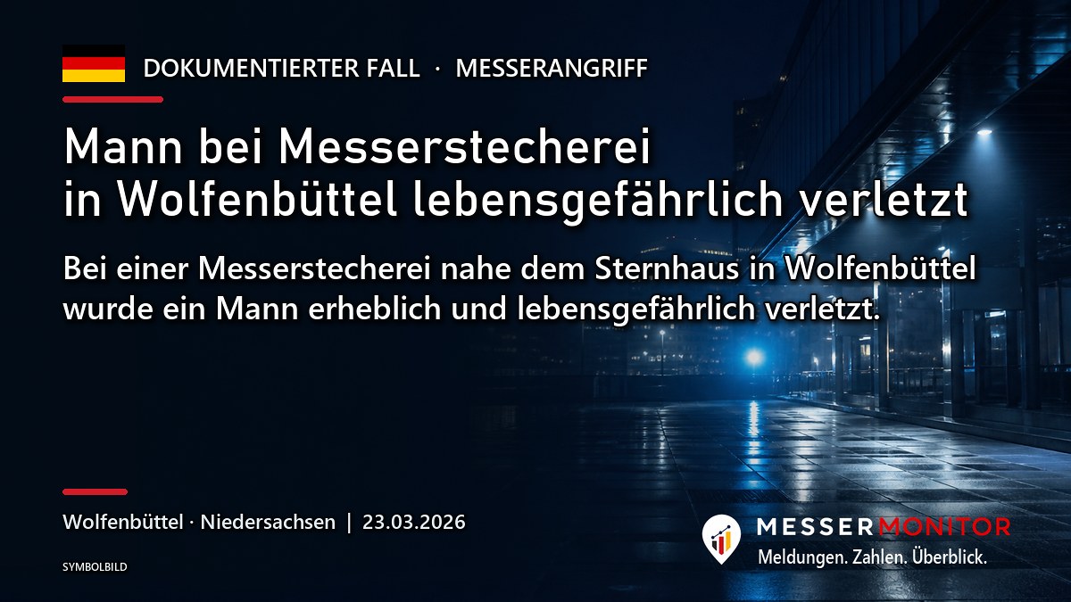 Titelgrafik: Mann bei Messerstecherei in Wolfenbüttel lebensgefährlich verletzt. Bei einer Messerstecherei nahe dem Sternhaus in Wolfenbüttel wurde ein Mann erheblich und lebensgefährlich verletzt..