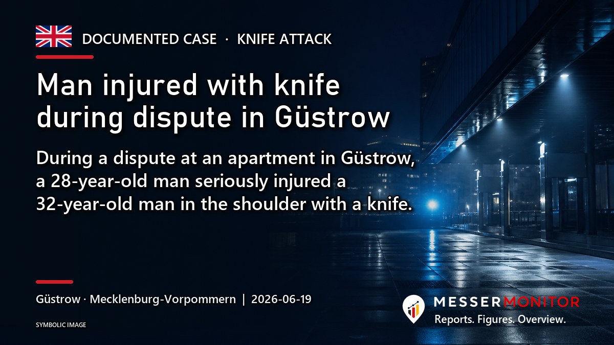 Title image: Man injured with knife during dispute in Güstrow. During a dispute at an apartment in Güstrow, a 28-year-old man seriously injured a 32-year-old man in the shoulder with a knife..