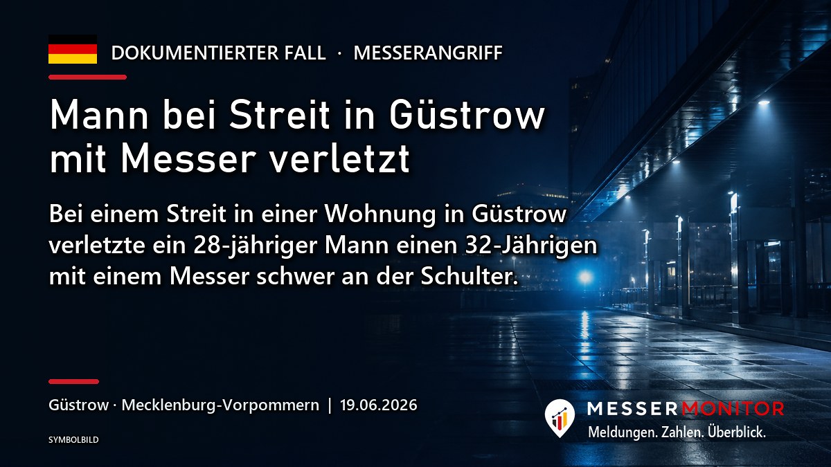 Titelgrafik: Mann bei Streit in Güstrow mit Messer verletzt. Bei einem Streit in einer Wohnung in Güstrow verletzte ein 28-jähriger Mann einen 32-Jährigen mit einem Messer schwer an der Schulter..