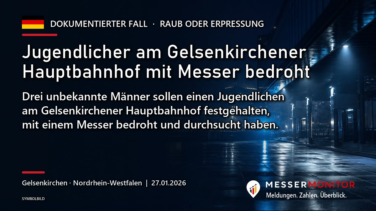 Titelgrafik: Jugendlicher am Gelsenkirchener Hauptbahnhof mit Messer bedroht. Drei unbekannte Männer sollen einen Jugendlichen am Gelsenkirchener Hauptbahnhof festgehalten, mit einem Messer bedroht und durchsucht haben..