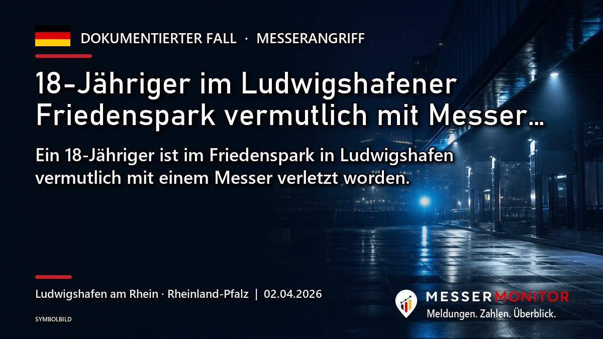 Titelgrafik: 18-Jähriger im Ludwigshafener Friedenspark vermutlich mit Messer…. Ein 18-Jähriger ist im Friedenspark in Ludwigshafen vermutlich mit einem Messer verletzt worden..