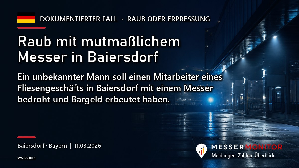 Titelgrafik: Raub mit mutmaßlichem Messer in Baiersdorf. Ein unbekannter Mann soll einen Mitarbeiter eines Fliesengeschäfts in Baiersdorf mit einem Messer bedroht und Bargeld erbeutet haben..