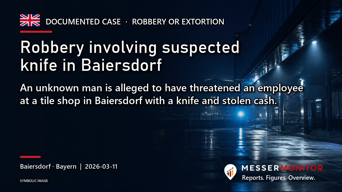 Title image: Robbery involving suspected knife in Baiersdorf. An unknown man is alleged to have threatened an employee at a tile shop in Baiersdorf with a knife and stolen cash..