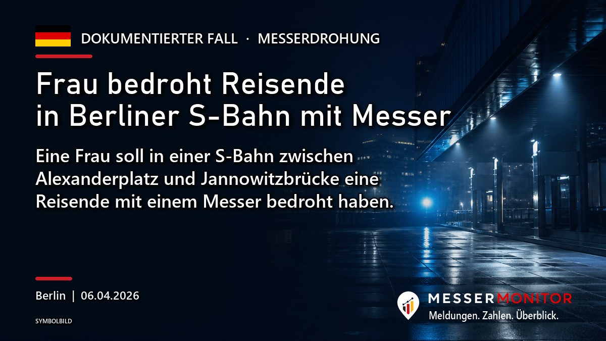 Titelgrafik: Frau bedroht Reisende in Berliner S-Bahn mit Messer. Eine Frau soll in einer S-Bahn zwischen Alexanderplatz und Jannowitzbrücke eine Reisende mit einem Messer bedroht haben..