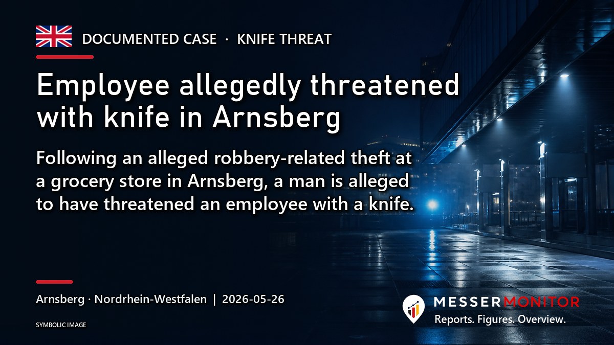 Title image: Employee allegedly threatened with knife in Arnsberg. Following an alleged robbery-related theft at a grocery store in Arnsberg, a man is alleged to have threatened an employee with a knife..