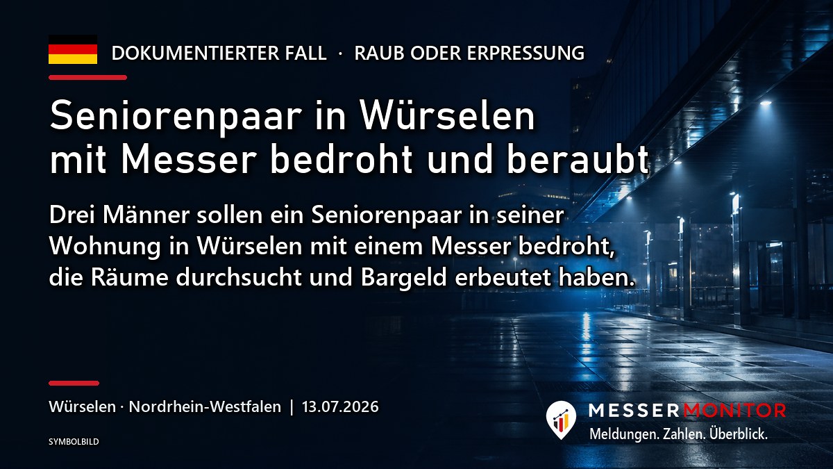 Titelgrafik: Seniorenpaar in Würselen mit Messer bedroht und beraubt. Drei Männer sollen ein Seniorenpaar in seiner Wohnung in Würselen mit einem Messer bedroht, die Räume durchsucht und Bargeld erbeutet haben..