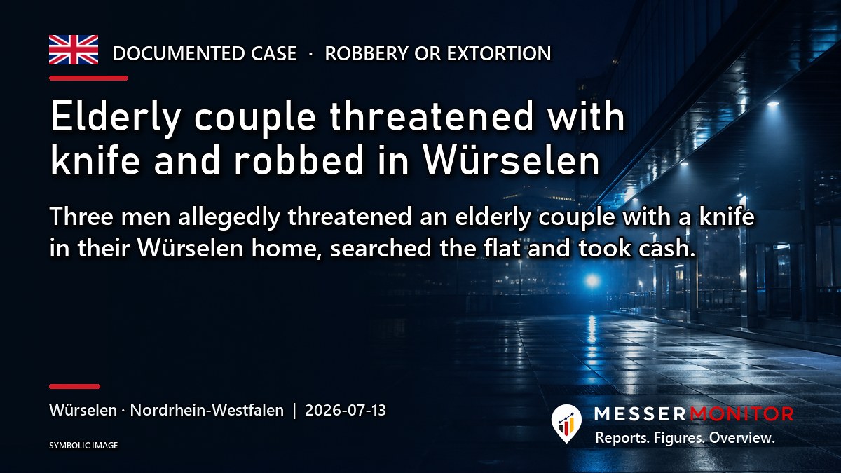Title image: Elderly couple threatened with knife and robbed in Würselen. Three men allegedly threatened an elderly couple with a knife in their Würselen home, searched the flat and took cash..