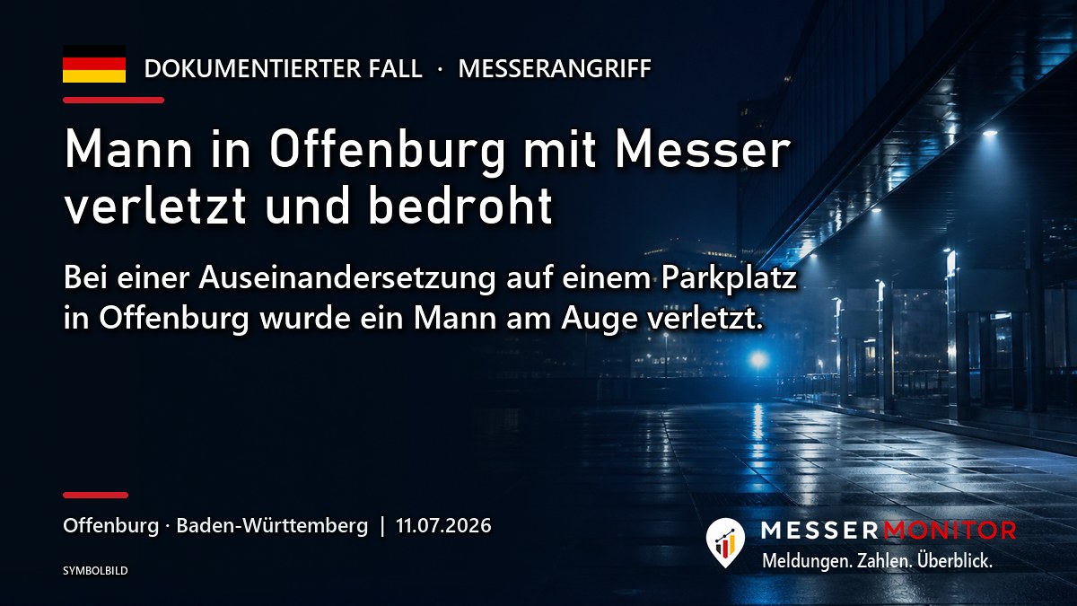 Titelgrafik: Mann in Offenburg mit Messer verletzt und bedroht. Bei einer Auseinandersetzung auf einem Parkplatz in Offenburg wurde ein Mann am Auge verletzt..