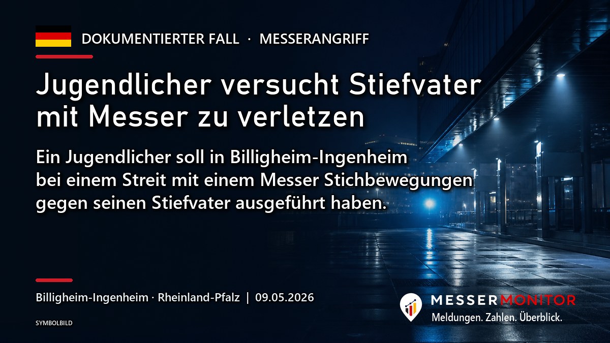 Titelgrafik: Jugendlicher versucht Stiefvater mit Messer zu verletzen. Ein Jugendlicher soll in Billigheim-Ingenheim bei einem Streit mit einem Messer Stichbewegungen gegen seinen Stiefvater ausgeführt haben..