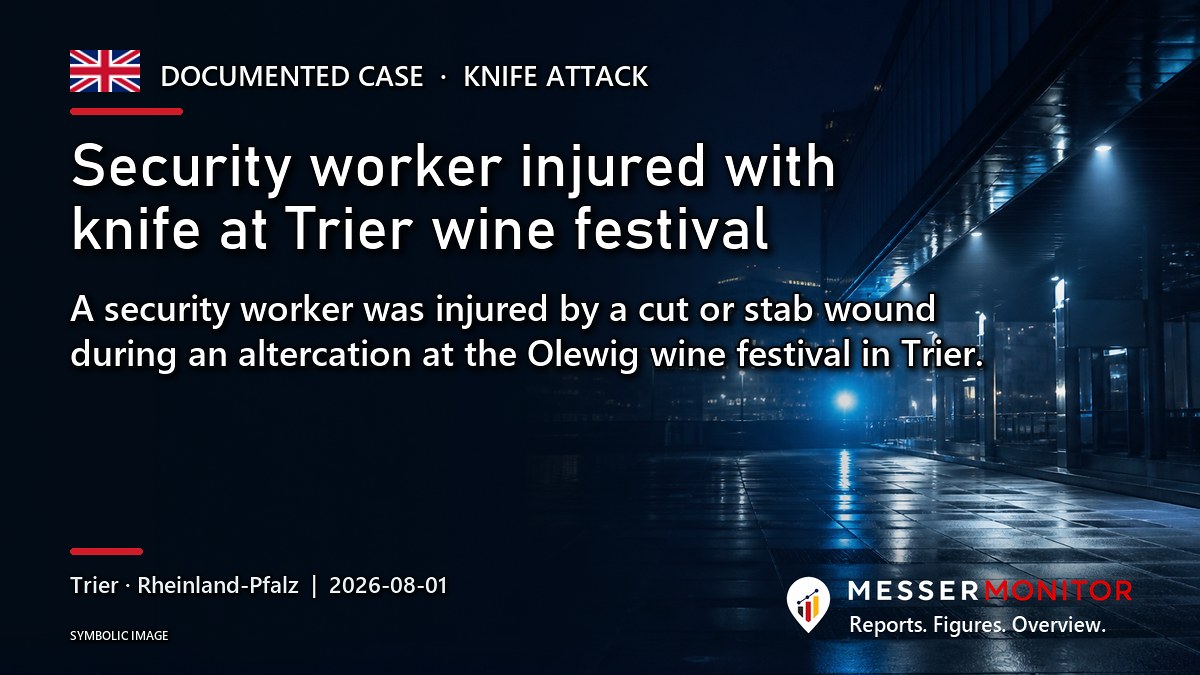 Title image: Security worker injured with knife at Trier wine festival. A security worker was injured by a cut or stab wound during an altercation at the Olewig wine festival in Trier..