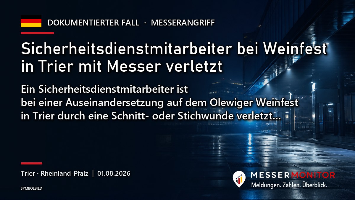 Titelgrafik: Sicherheitsdienstmitarbeiter bei Weinfest in Trier mit Messer verletzt. Ein Sicherheitsdienstmitarbeiter ist bei einer Auseinandersetzung auf dem Olewiger Weinfest in Trier durch eine Schnitt- oder Stichwunde verletzt….