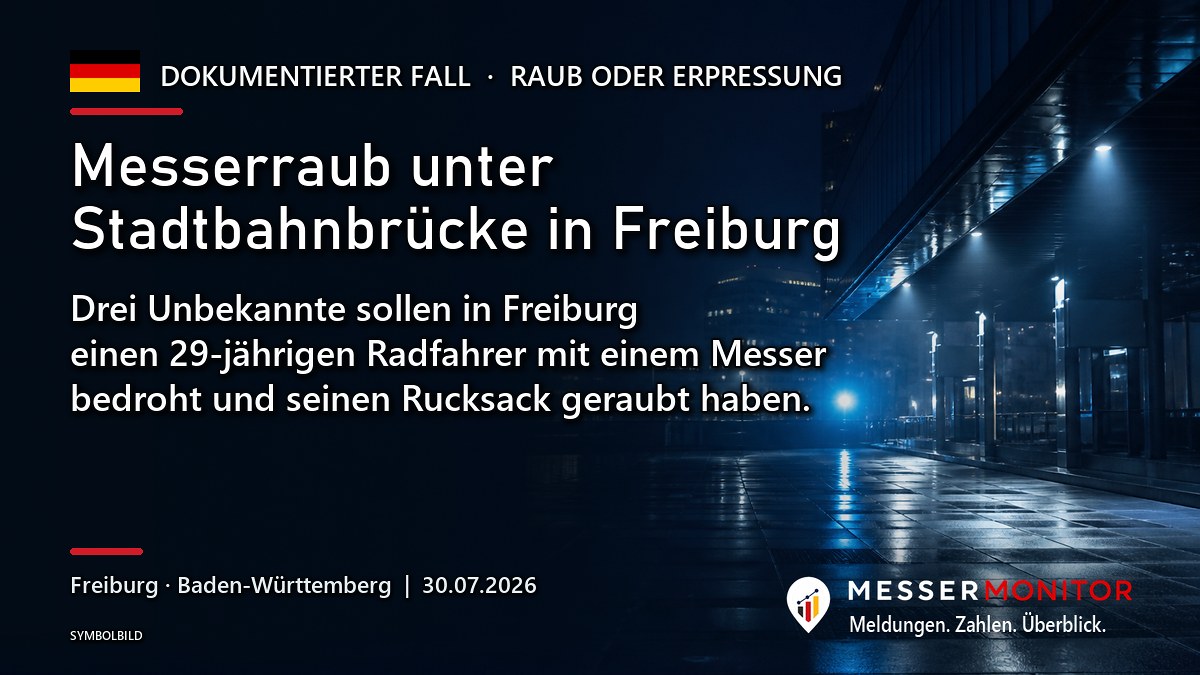 Titelgrafik: Messerraub unter Stadtbahnbrücke in Freiburg. Drei Unbekannte sollen in Freiburg einen 29-jährigen Radfahrer mit einem Messer bedroht und seinen Rucksack geraubt haben..