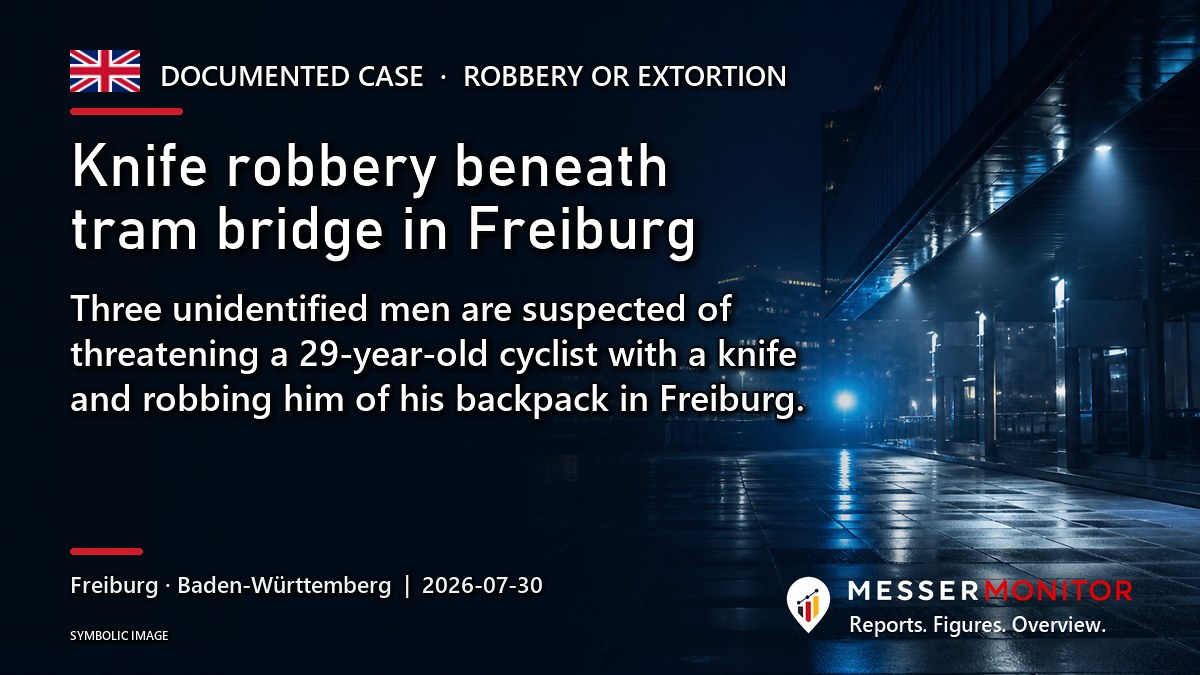 Title image: Knife robbery beneath tram bridge in Freiburg. Three unidentified men are suspected of threatening a 29-year-old cyclist with a knife and robbing him of his backpack in Freiburg..