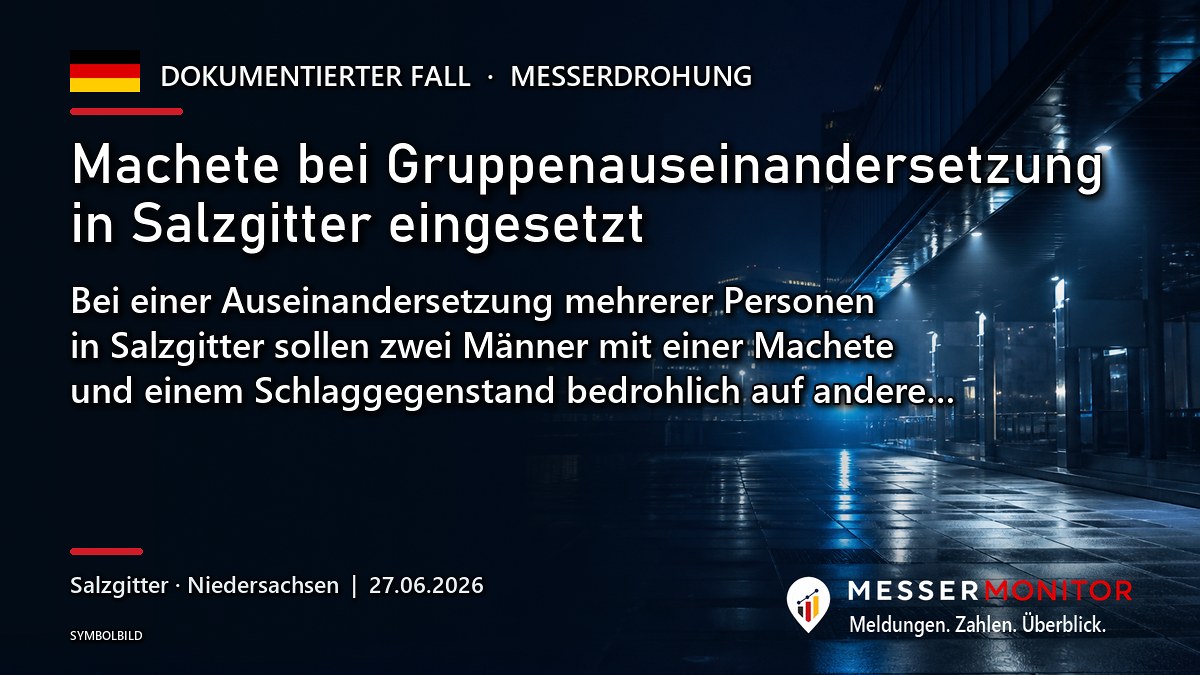 Titelgrafik: Machete bei Gruppenauseinandersetzung in Salzgitter eingesetzt. Bei einer Auseinandersetzung mehrerer Personen in Salzgitter sollen zwei Männer mit einer Machete und einem Schlaggegenstand bedrohlich auf andere….