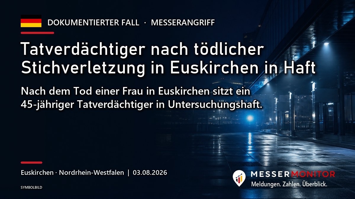 Titelgrafik: Tatverdächtiger nach tödlicher Stichverletzung in Euskirchen in Haft. Nach dem Tod einer Frau in Euskirchen sitzt ein 45-jähriger Tatverdächtiger in Untersuchungshaft..