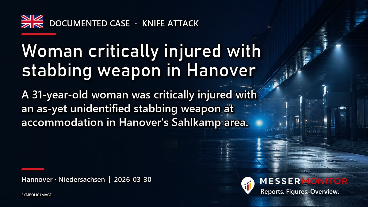 Title image: Woman critically injured with stabbing weapon in Hanover. A 31-year-old woman was critically injured with an as-yet unidentified stabbing weapon at accommodation in Hanover's Sahlkamp area..
