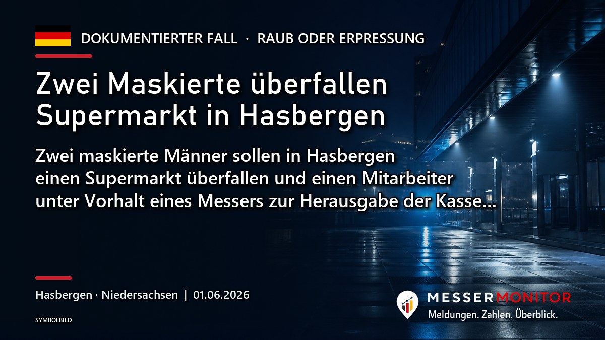 Titelgrafik: Zwei Maskierte überfallen Supermarkt in Hasbergen. Zwei maskierte Männer sollen in Hasbergen einen Supermarkt überfallen und einen Mitarbeiter unter Vorhalt eines Messers zur Herausgabe der Kasse….