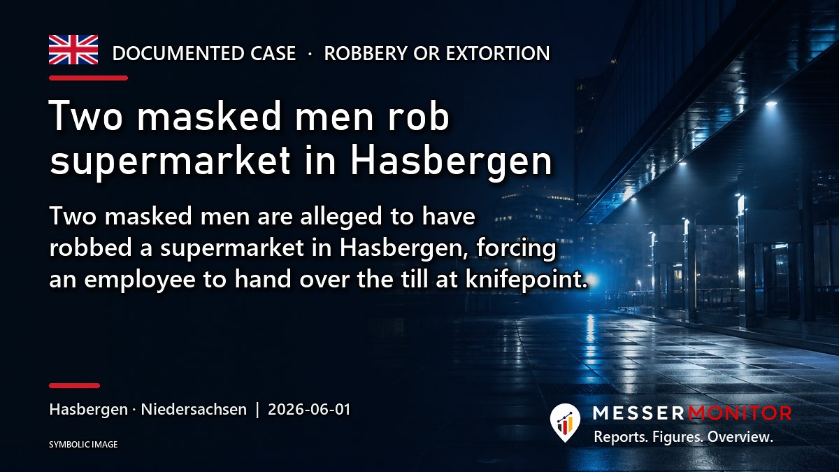 Title image: Two masked men rob supermarket in Hasbergen. Two masked men are alleged to have robbed a supermarket in Hasbergen, forcing an employee to hand over the till at knifepoint..