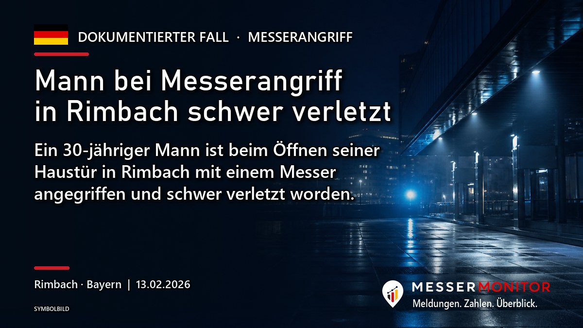 Titelgrafik: Mann bei Messerangriff in Rimbach schwer verletzt. Ein 30-jähriger Mann ist beim Öffnen seiner Haustür in Rimbach mit einem Messer angegriffen und schwer verletzt worden..