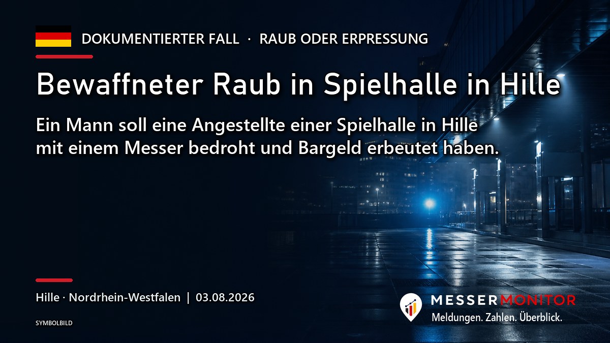 Titelgrafik: Bewaffneter Raub in Spielhalle in Hille. Ein Mann soll eine Angestellte einer Spielhalle in Hille mit einem Messer bedroht und Bargeld erbeutet haben..