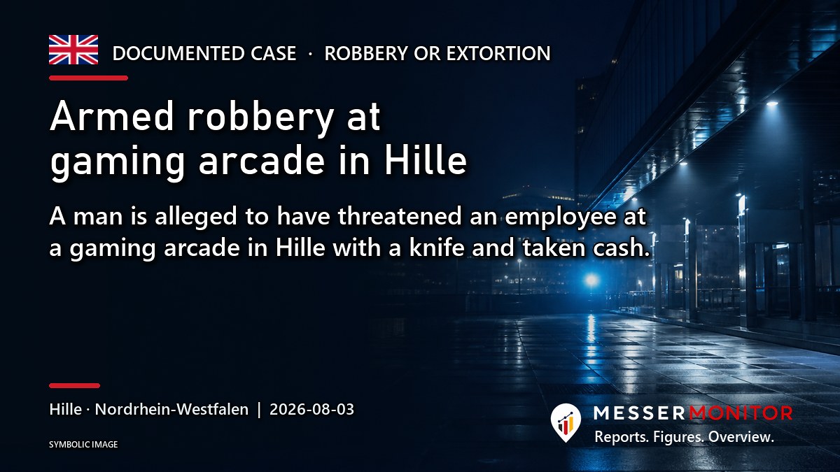 Title image: Armed robbery at gaming arcade in Hille. A man is alleged to have threatened an employee at a gaming arcade in Hille with a knife and taken cash..
