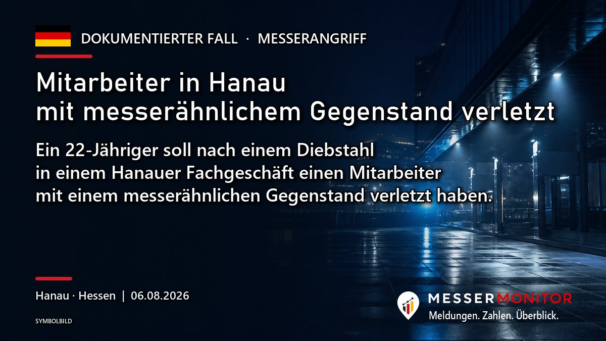 Titelgrafik: Mitarbeiter in Hanau mit messerähnlichem Gegenstand verletzt. Ein 22-Jähriger soll nach einem Diebstahl in einem Hanauer Fachgeschäft einen Mitarbeiter mit einem messerähnlichen Gegenstand verletzt haben..