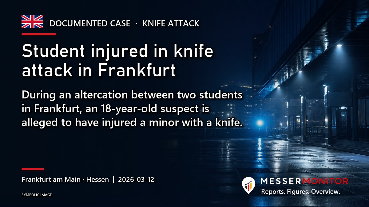 Title image: Student injured in knife attack in Frankfurt. During an altercation between two students in Frankfurt, an 18-year-old suspect is alleged to have injured a minor with a knife..