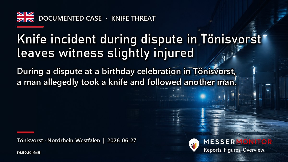 Title image: Knife incident during dispute in Tönisvorst leaves witness slightly injured. During a dispute at a birthday celebration in Tönisvorst, a man allegedly took a knife and followed another man..
