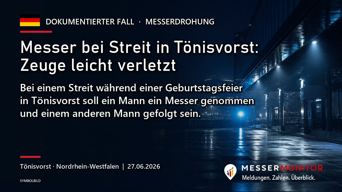 Titelgrafik: Messer bei Streit in Tönisvorst: Zeuge leicht verletzt. Bei einem Streit während einer Geburtstagsfeier in Tönisvorst soll ein Mann ein Messer genommen und einem anderen Mann gefolgt sein..