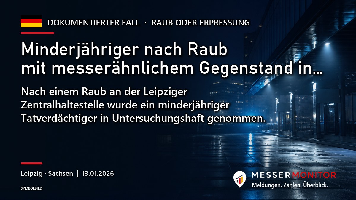 Titelgrafik: Minderjähriger nach Raub mit messerähnlichem Gegenstand in…. Nach einem Raub an der Leipziger Zentralhaltestelle wurde ein minderjähriger Tatverdächtiger in Untersuchungshaft genommen..