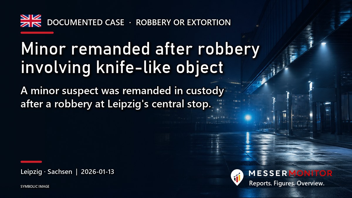 Title image: Minor remanded after robbery involving knife-like object. A minor suspect was remanded in custody after a robbery at Leipzig's central stop..