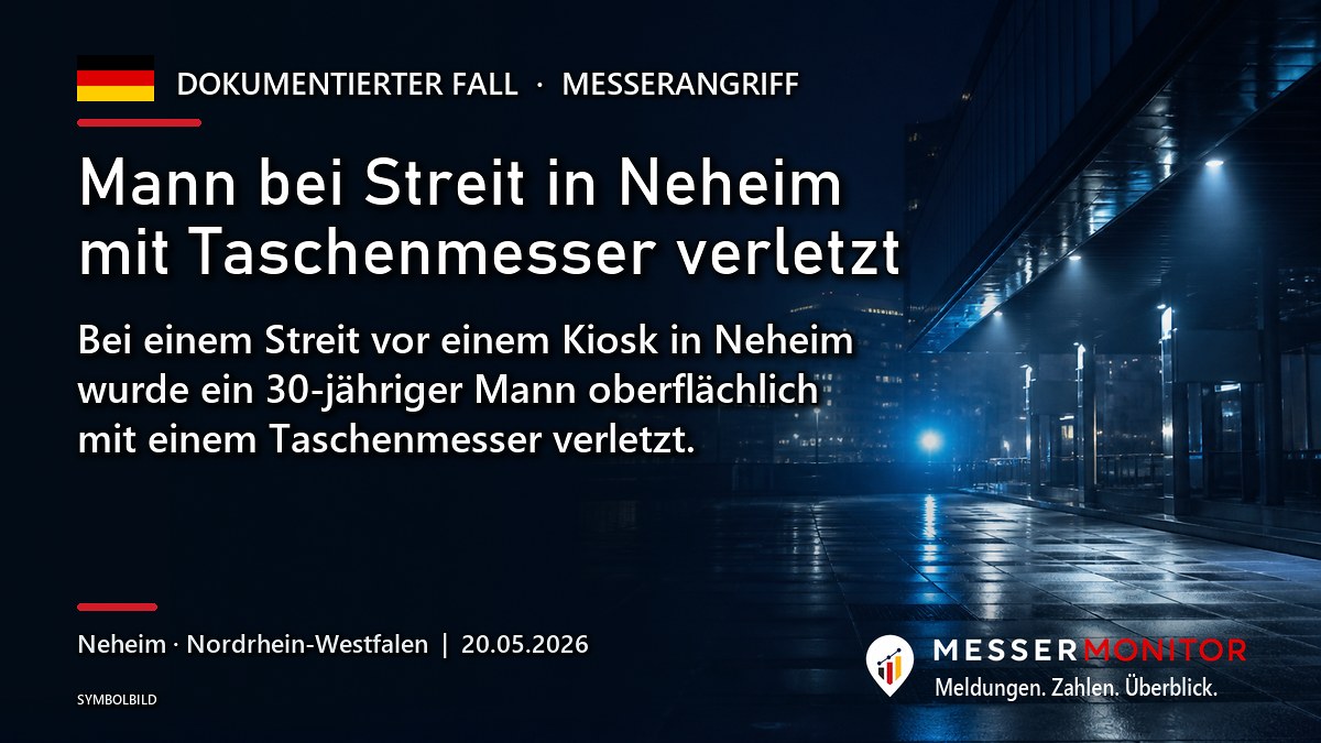 Titelgrafik: Mann bei Streit in Neheim mit Taschenmesser verletzt. Bei einem Streit vor einem Kiosk in Neheim wurde ein 30-jähriger Mann oberflächlich mit einem Taschenmesser verletzt..