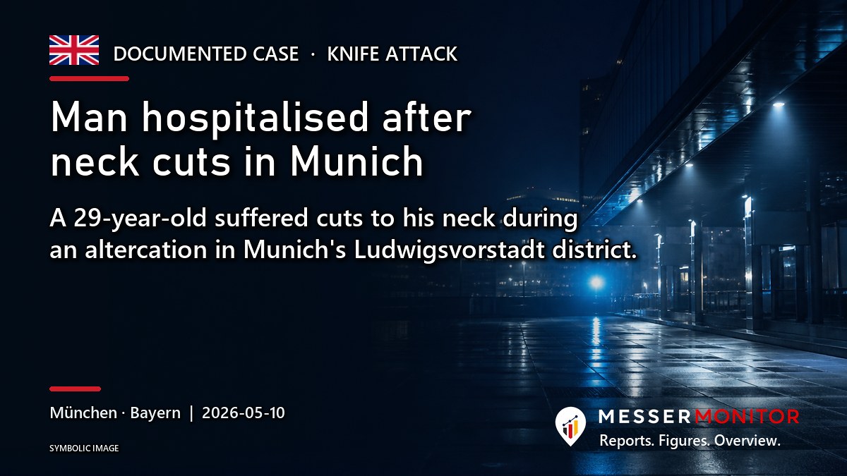 Title image: Man hospitalised after neck cuts in Munich. A 29-year-old suffered cuts to his neck during an altercation in Munich's Ludwigsvorstadt district..