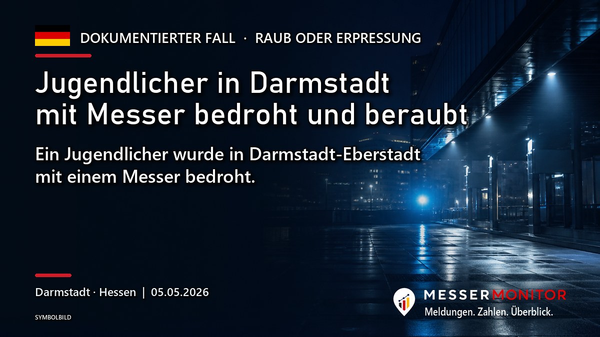 Titelgrafik: Jugendlicher in Darmstadt mit Messer bedroht und beraubt. Ein Jugendlicher wurde in Darmstadt-Eberstadt mit einem Messer bedroht..