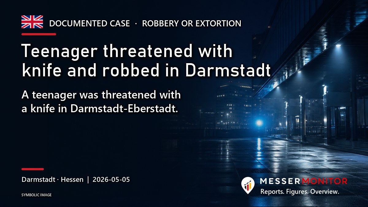 Title image: Teenager threatened with knife and robbed in Darmstadt. A teenager was threatened with a knife in Darmstadt-Eberstadt..