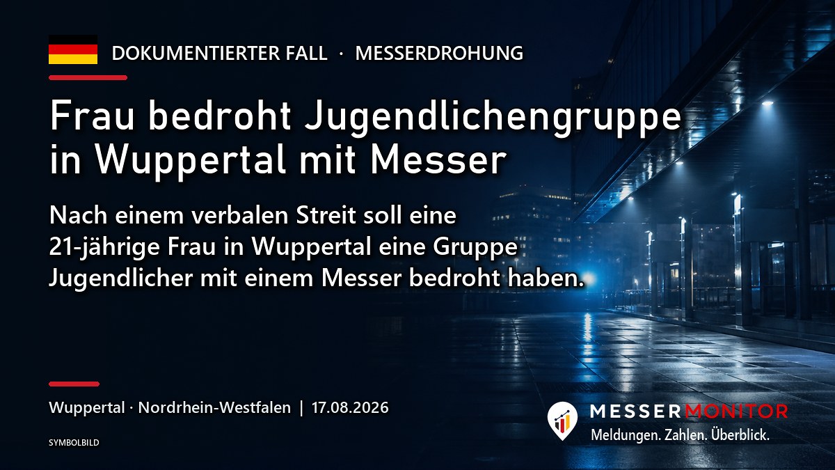 Titelgrafik: Frau bedroht Jugendlichengruppe in Wuppertal mit Messer. Nach einem verbalen Streit soll eine 21-jährige Frau in Wuppertal eine Gruppe Jugendlicher mit einem Messer bedroht haben..