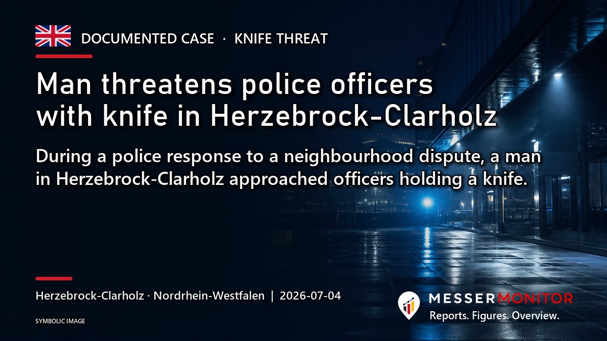 Title image: Man threatens police officers with knife in Herzebrock-Clarholz. During a police response to a neighbourhood dispute, a man in Herzebrock-Clarholz approached officers holding a knife..