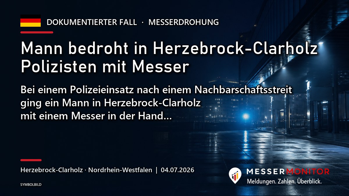 Titelgrafik: Mann bedroht in Herzebrock-Clarholz Polizisten mit Messer. Bei einem Polizeieinsatz nach einem Nachbarschaftsstreit ging ein Mann in Herzebrock-Clarholz mit einem Messer in der Hand….