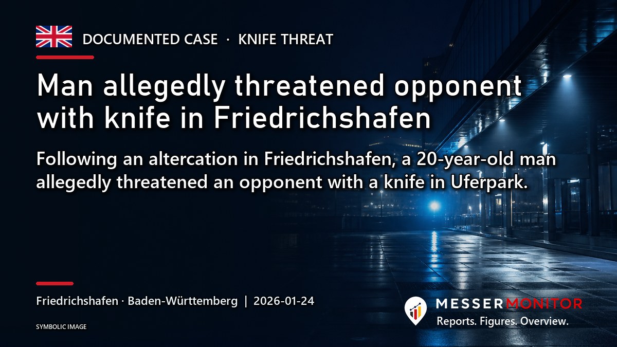 Title image: Man allegedly threatened opponent with knife in Friedrichshafen. Following an altercation in Friedrichshafen, a 20-year-old man allegedly threatened an opponent with a knife in Uferpark..