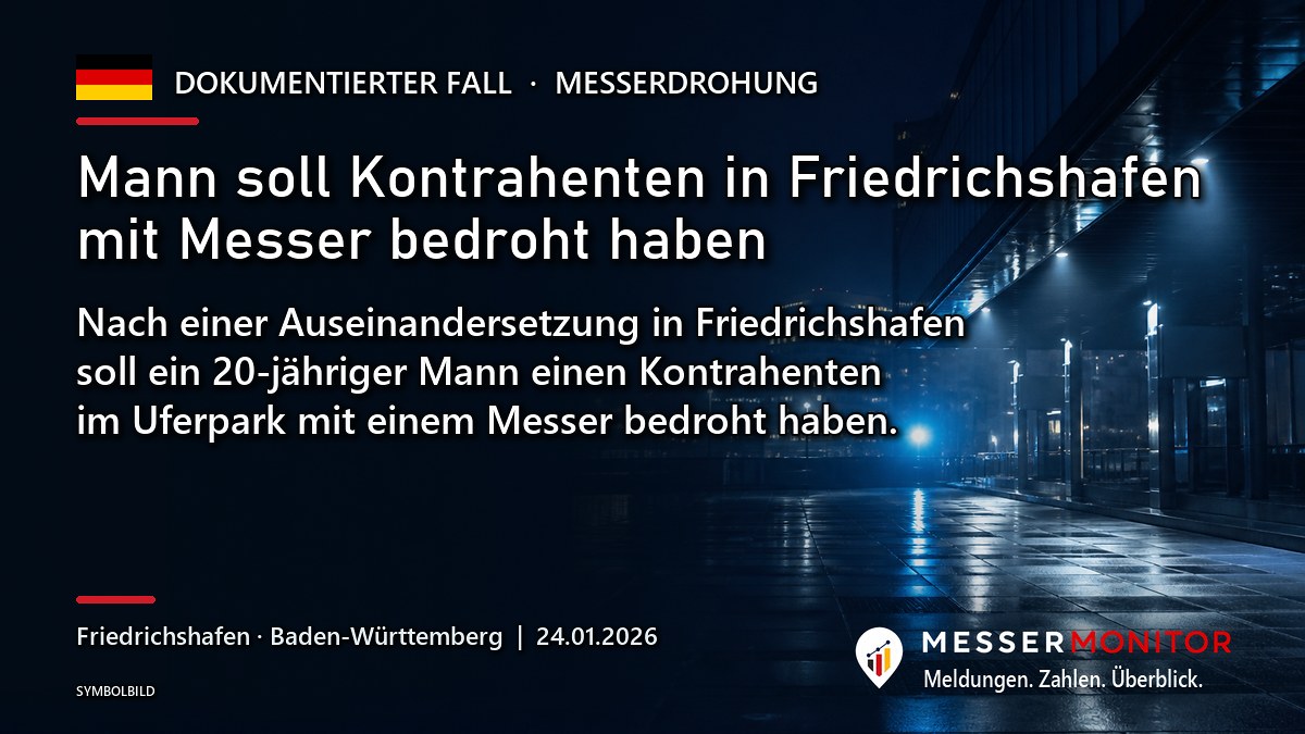 Titelgrafik: Mann soll Kontrahenten in Friedrichshafen mit Messer bedroht haben. Nach einer Auseinandersetzung in Friedrichshafen soll ein 20-jähriger Mann einen Kontrahenten im Uferpark mit einem Messer bedroht haben..