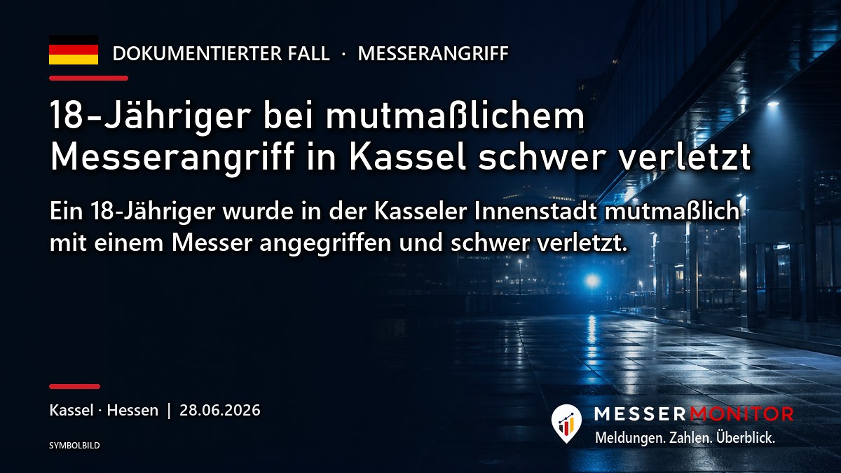 Titelgrafik: 18-Jähriger bei mutmaßlichem Messerangriff in Kassel schwer verletzt. Ein 18-Jähriger wurde in der Kasseler Innenstadt mutmaßlich mit einem Messer angegriffen und schwer verletzt..
