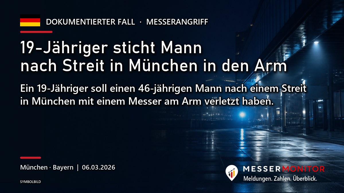 Titelgrafik: 19-Jähriger sticht Mann nach Streit in München in den Arm. Ein 19-Jähriger soll einen 46-jährigen Mann nach einem Streit in München mit einem Messer am Arm verletzt haben..