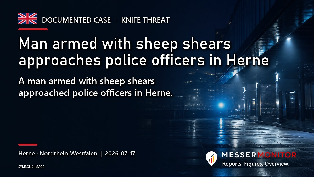 Title image: Man armed with sheep shears approaches police officers in Herne. A man armed with sheep shears approached police officers in Herne..