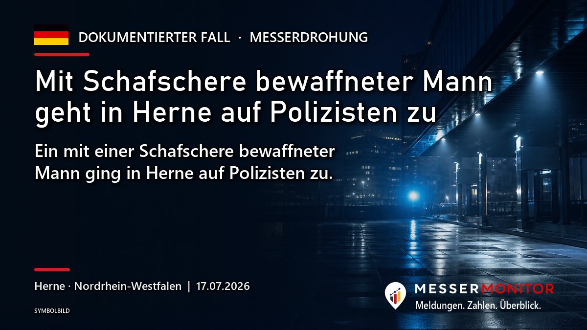 Titelgrafik: Mit Schafschere bewaffneter Mann geht in Herne auf Polizisten zu. Ein mit einer Schafschere bewaffneter Mann ging in Herne auf Polizisten zu..