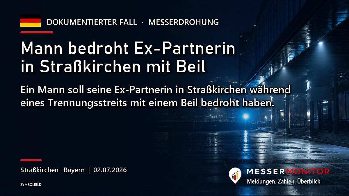 Titelgrafik: Mann bedroht Ex-Partnerin in Straßkirchen mit Beil. Ein Mann soll seine Ex-Partnerin in Straßkirchen während eines Trennungsstreits mit einem Beil bedroht haben..