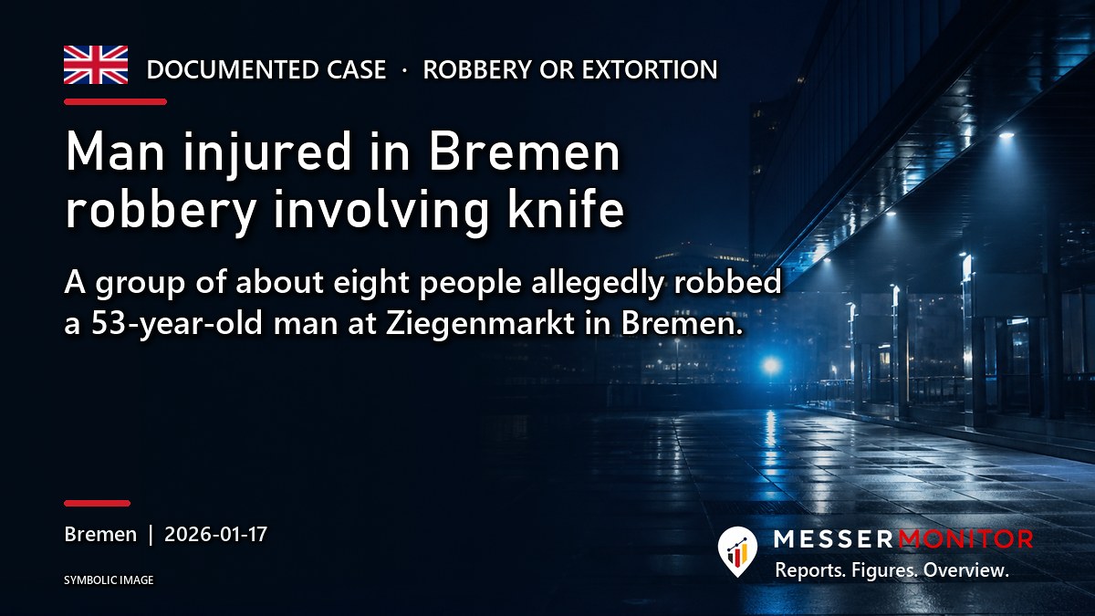 Title image: Man injured in Bremen robbery involving knife. A group of about eight people allegedly robbed a 53-year-old man at Ziegenmarkt in Bremen..