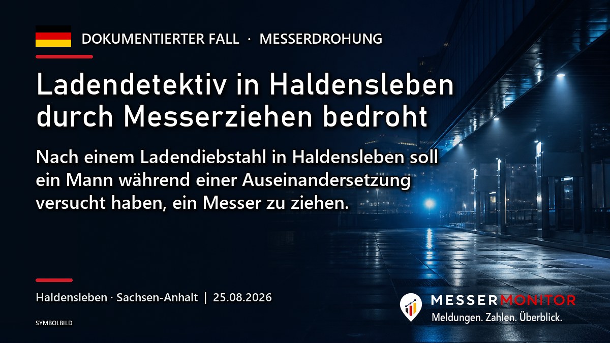 Titelgrafik: Ladendetektiv in Haldensleben durch Messerziehen bedroht. Nach einem Ladendiebstahl in Haldensleben soll ein Mann während einer Auseinandersetzung versucht haben, ein Messer zu ziehen..