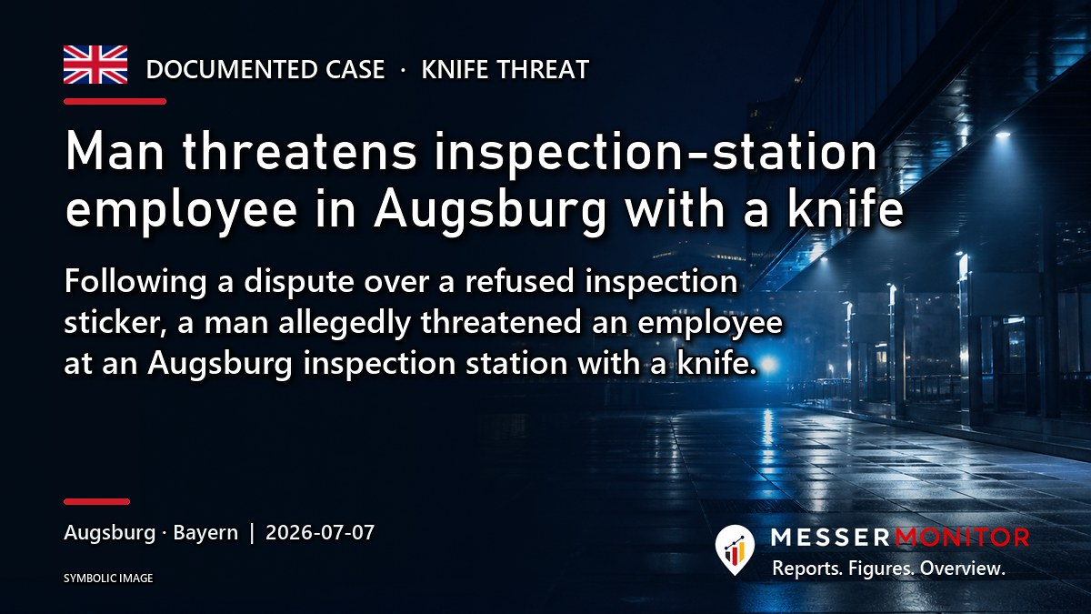 Title image: Man threatens inspection-station employee in Augsburg with a knife. Following a dispute over a refused inspection sticker, a man allegedly threatened an employee at an Augsburg inspection station with a knife..