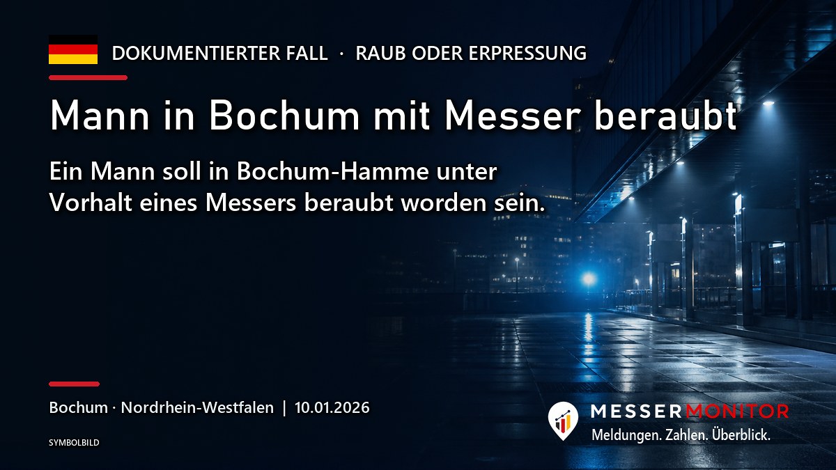 Titelgrafik: Mann in Bochum mit Messer beraubt. Ein Mann soll in Bochum-Hamme unter Vorhalt eines Messers beraubt worden sein..