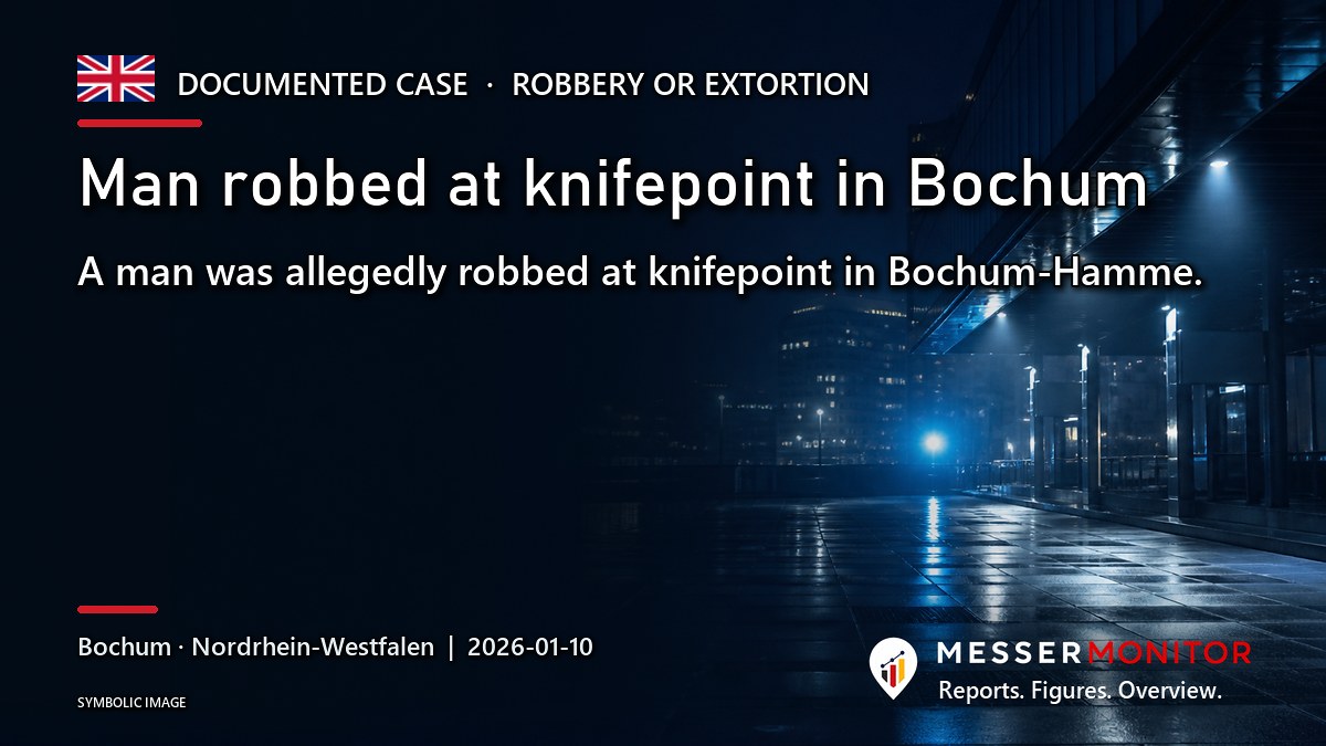 Title image: Man robbed at knifepoint in Bochum. A man was allegedly robbed at knifepoint in Bochum-Hamme..